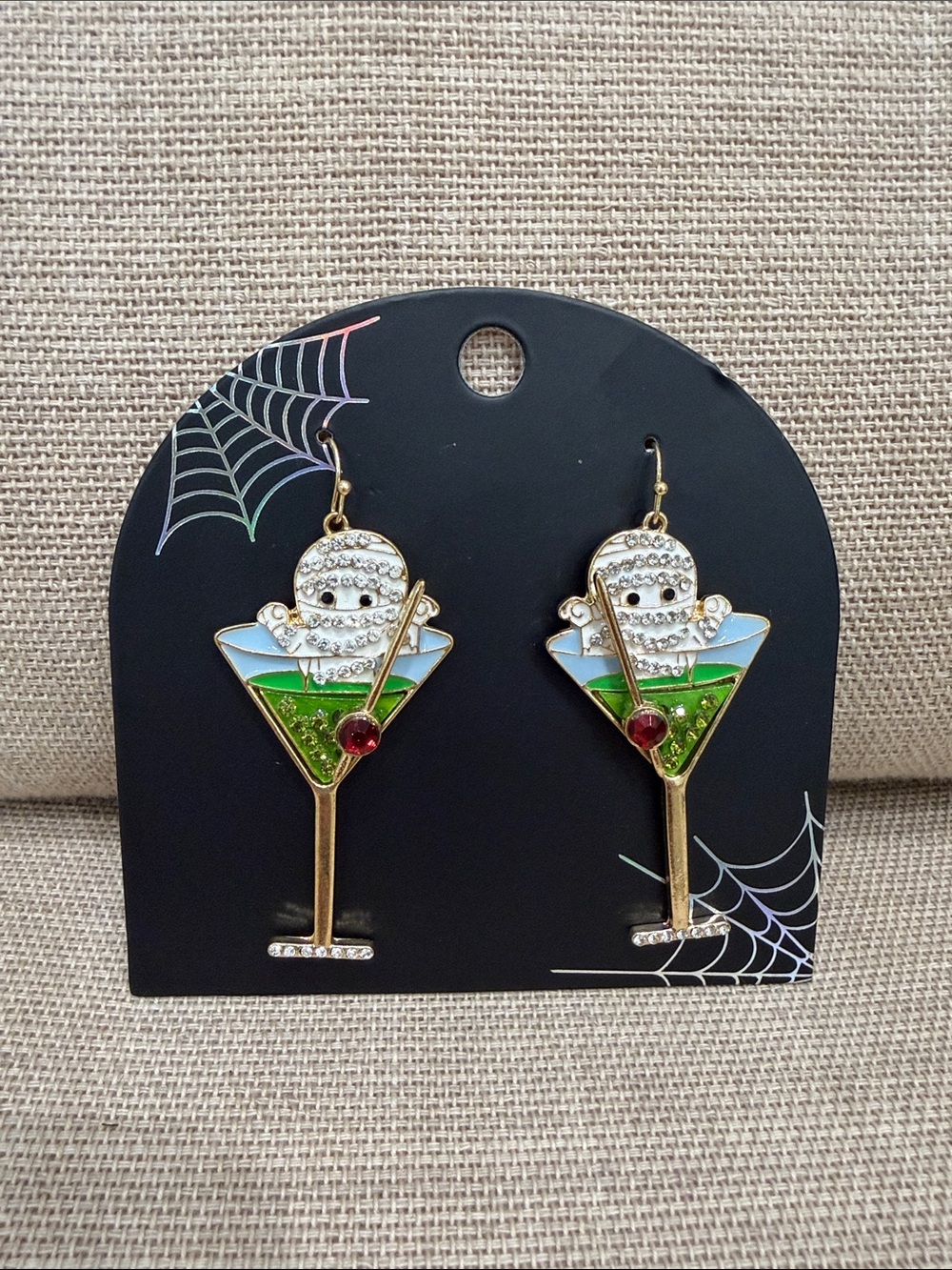 Mummy Martini Drop Earrings - White, Green, Gold